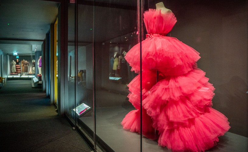 Pink dress on display at Fashion Museum Bath